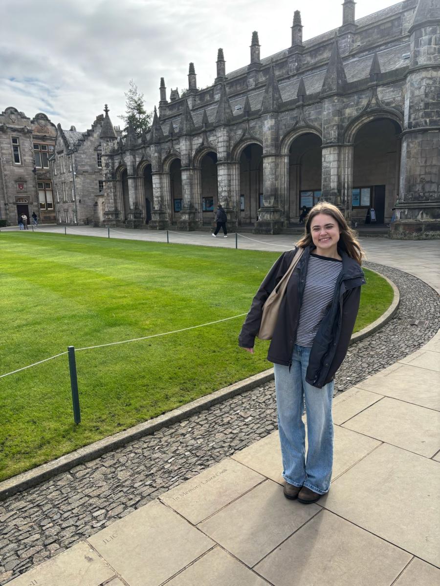 Eliza Denley in the quad at the University of St. Andrews